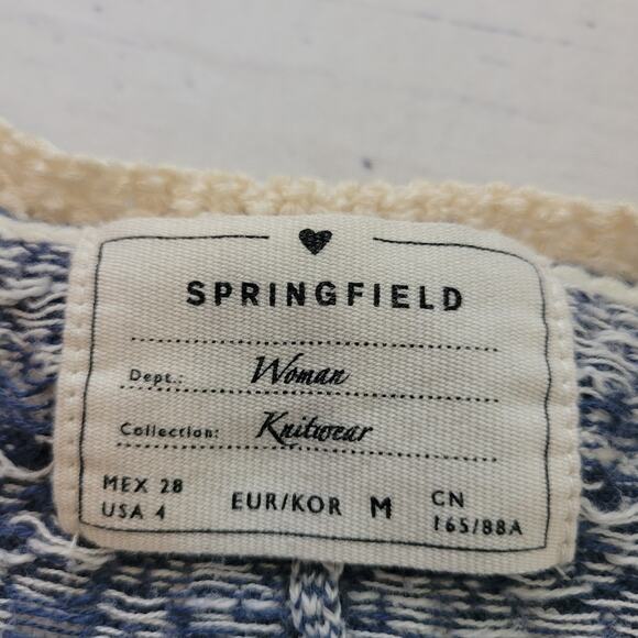 Springfield Size 4 Blue Cream Knit Fringe Shawl Fleur De Lis Pattern - Picture 7 of 9